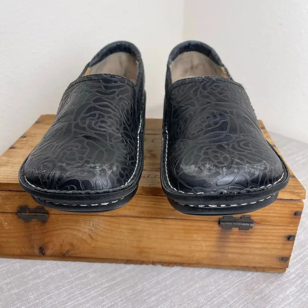 Alegria Women Black Floral Embossed Leather Slip On Comfort Shoes Size 41